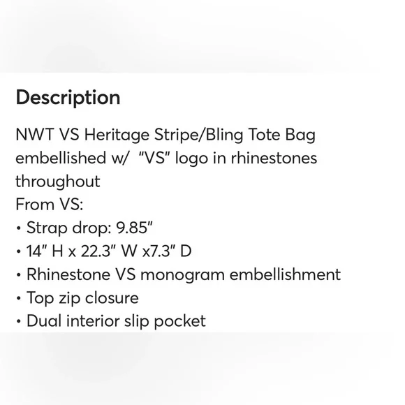 Victoria's Secret Heritage Stripe/Bling Tote Bag w/ "VS" logo in rhinestones - Picture 4 of 6